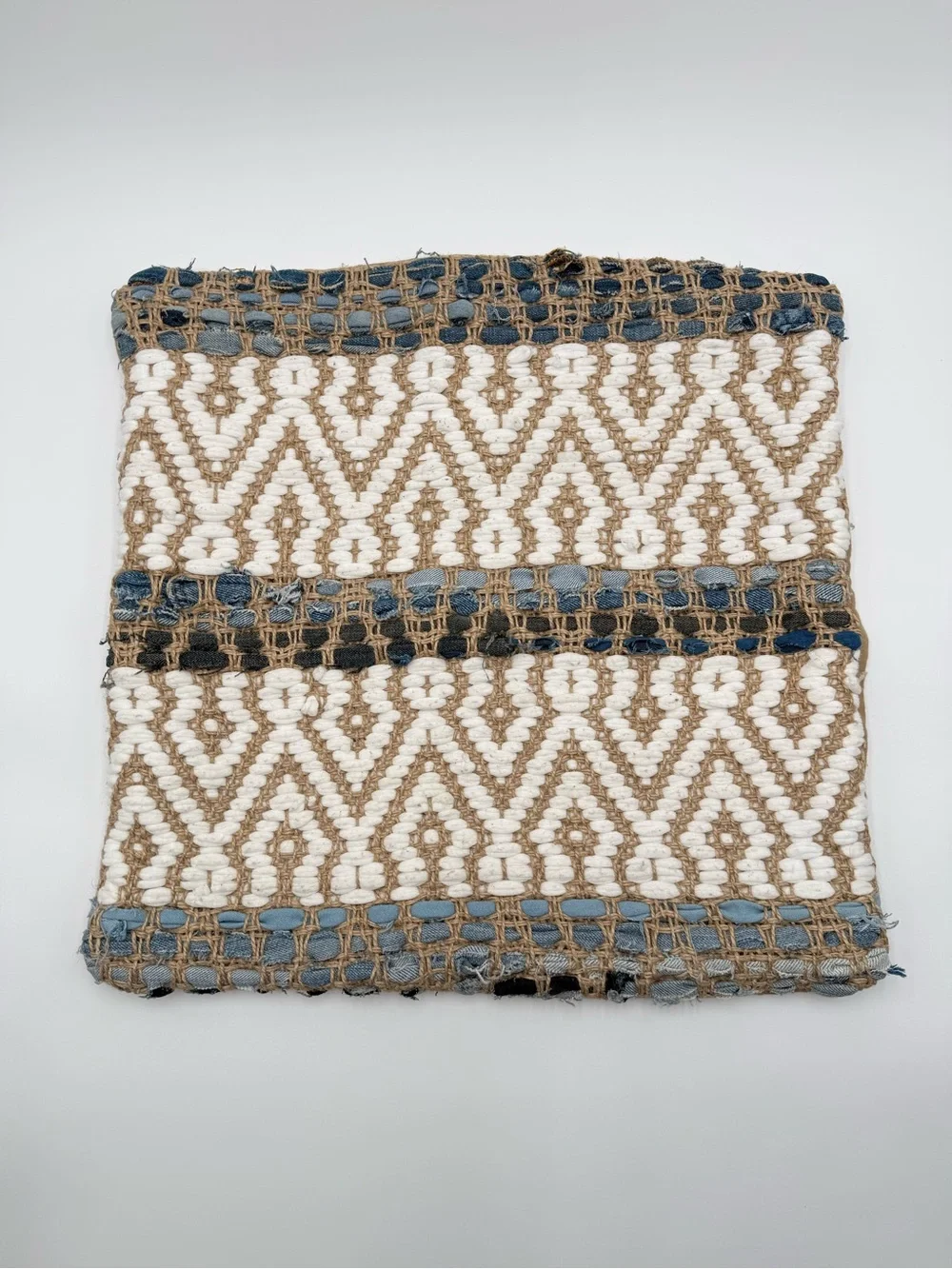 Merchant 41 18x18 Boho Woven Jute Denim Throw Pillow Cover Geometric Blue Cream